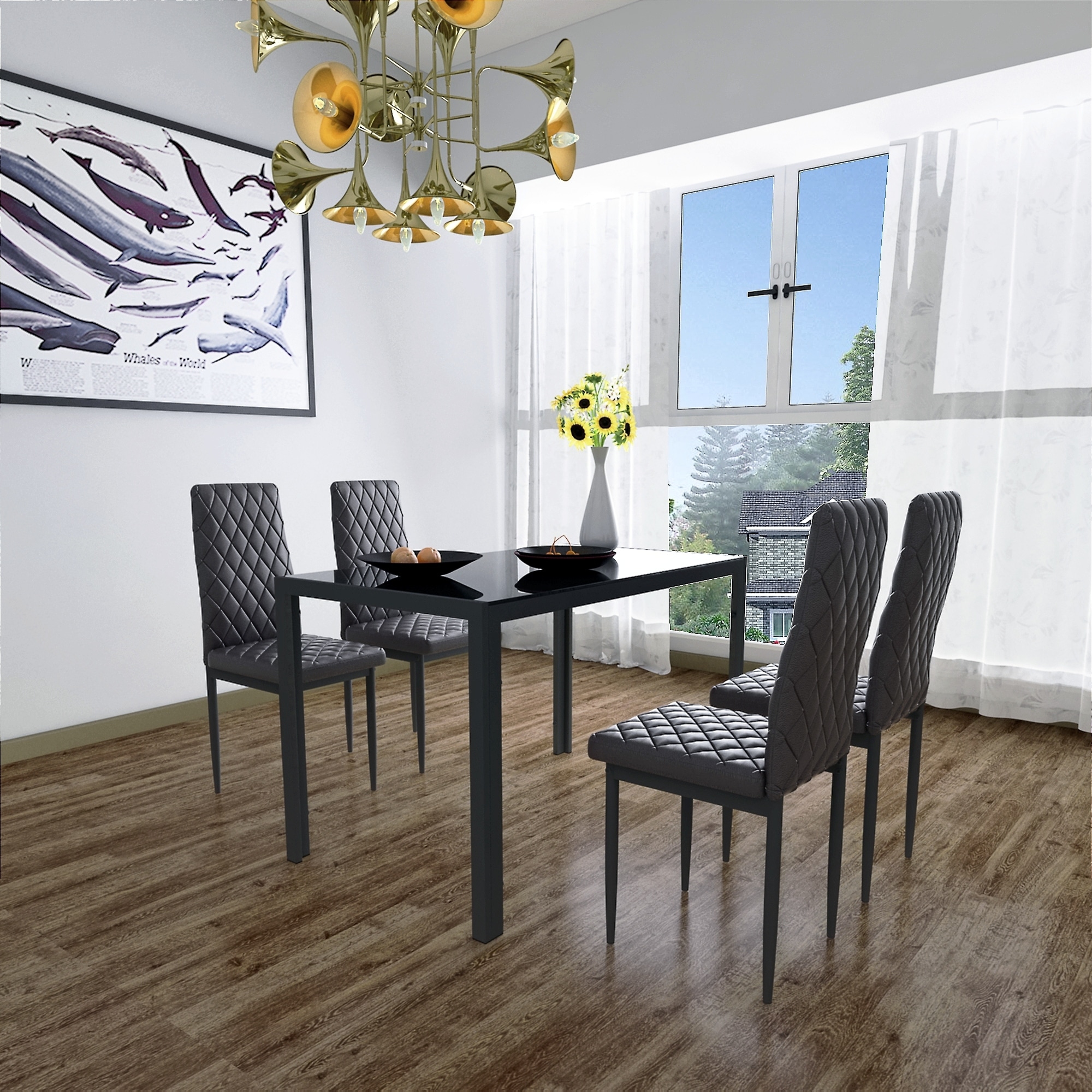 Ktaxon 5 piece glass dining table set sales with 4 faux leather chairs dining furniture black