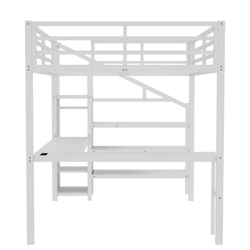 Roomfitters Queen Size Metal Loft Bed with L-Shaped Desk, USB Ports, LED Lighting & Adjustable Shelves, White