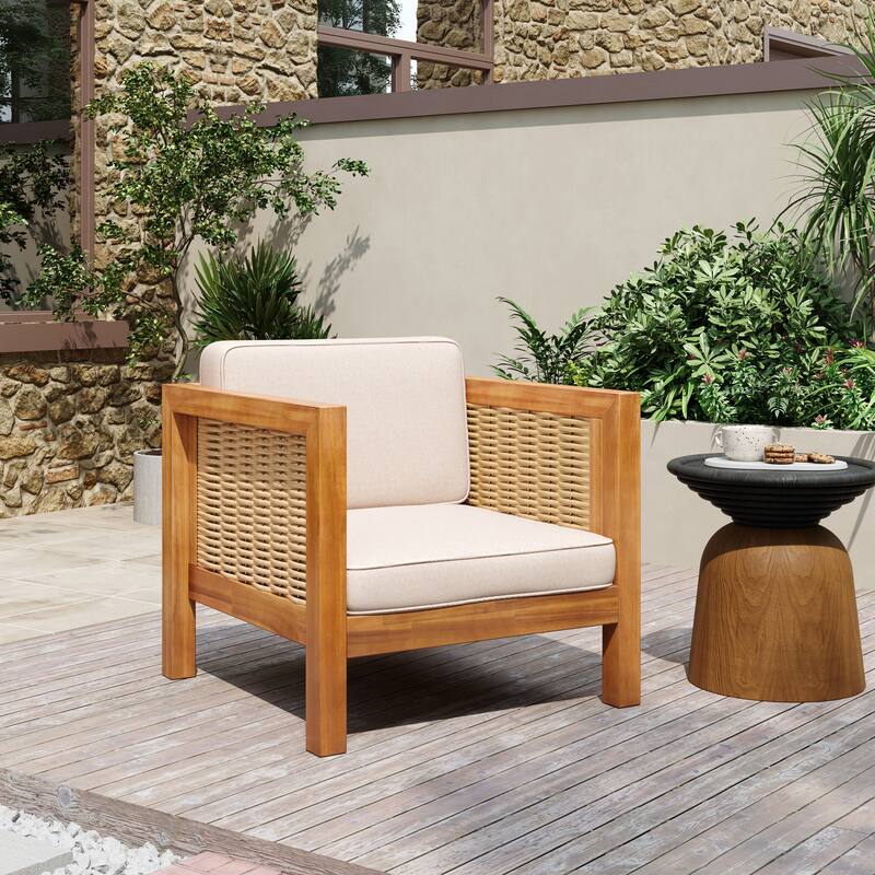 Oana Outdoor Acacia Wood Club Chair with Cushion by Christopher Knight Home - Beige + Wicker