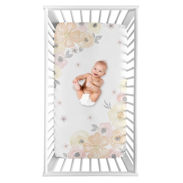 slide 2 of 4, Yellow and Pink Watercolor Floral Girl Photo Op Fitted Crib Sheet - Blush Peach Grey and White Shabby Chic Rose Flower Farmhouse