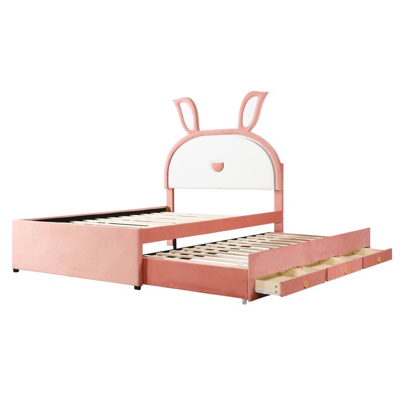 Pink Full Size Upholstered Platform Bed with Rabbit Headboard, Trundle, and Three Drawers
