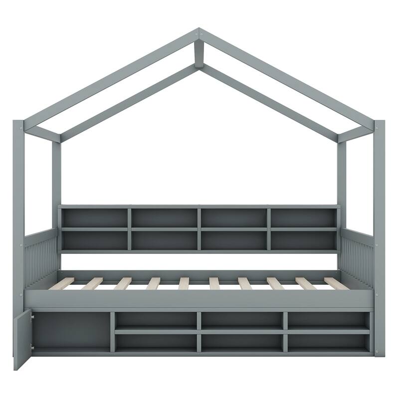Full Size Wooden House Bed with Shelves and a Mini-cabinet