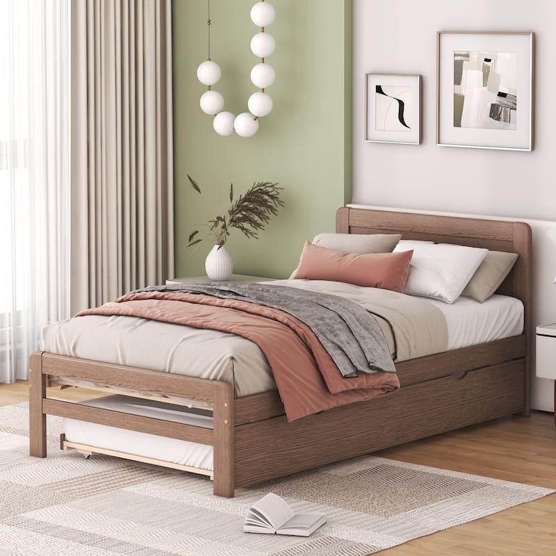 Modern Design Twin Size Platform Bed Frame w/ Twin Size Trundle, White
