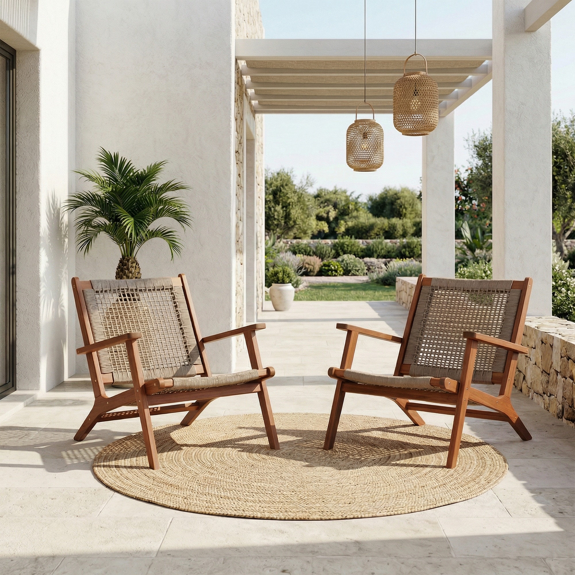 Outdoor Acacia Wood Chair Rope Woven Patio Club Chair Set of 2