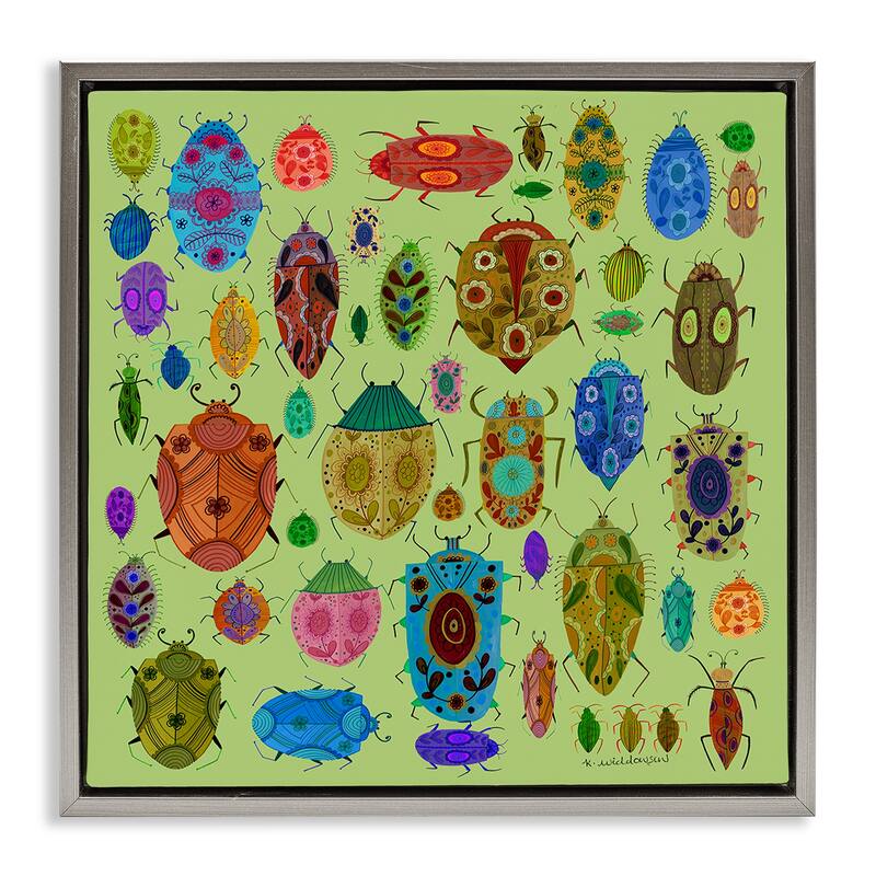 Stupell Flowery Bugs & Insects Framed Floater Canvas Wall Art Design By Kay Widdowson - 25 x 25 - Grey