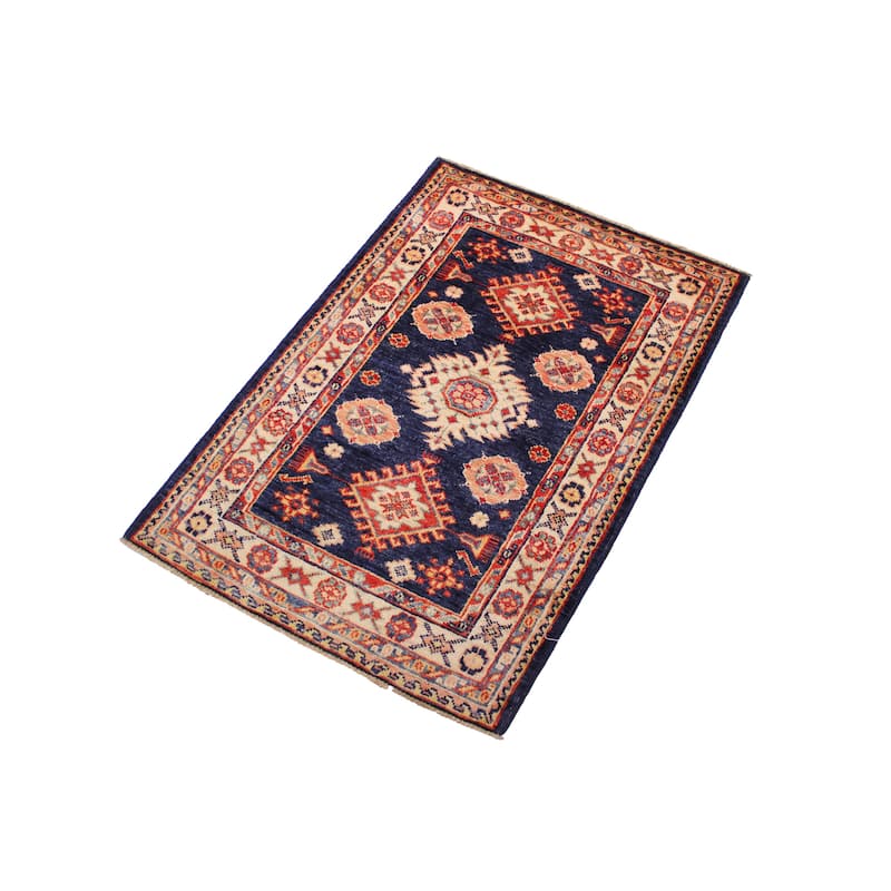 Caucasian Super Kazak Alistair Blue/Beige Hand Knotted Wool Rug - 2'1'' x 3'2''