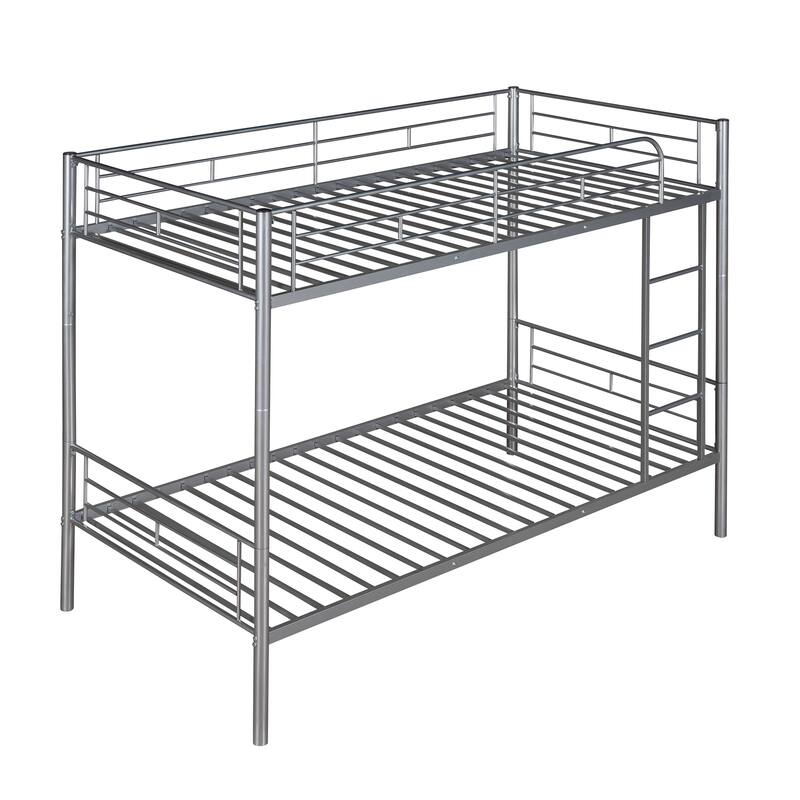 Silver Twin Over Twin Metal Bunk Bed with Safety Guardrails & Space-Saving Design