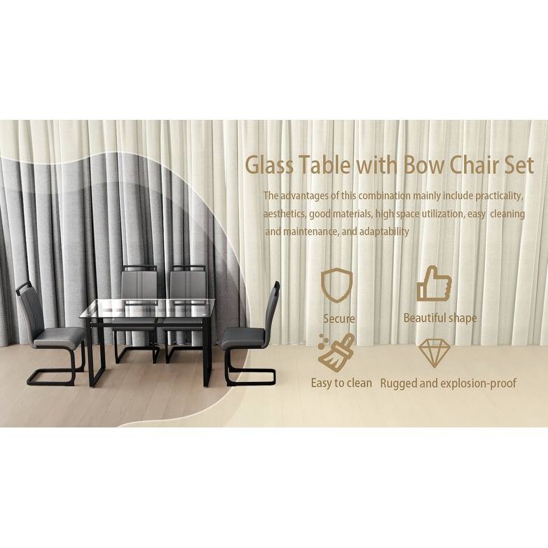 Glass 5-Piece Dining Table Set with 4 PU Upholstered Chairs