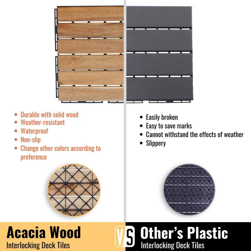12"x12" Yellow Acacia Hardwood Deck Tiles, Interlocking Striped Pattern for Outdoor Patio, Pool