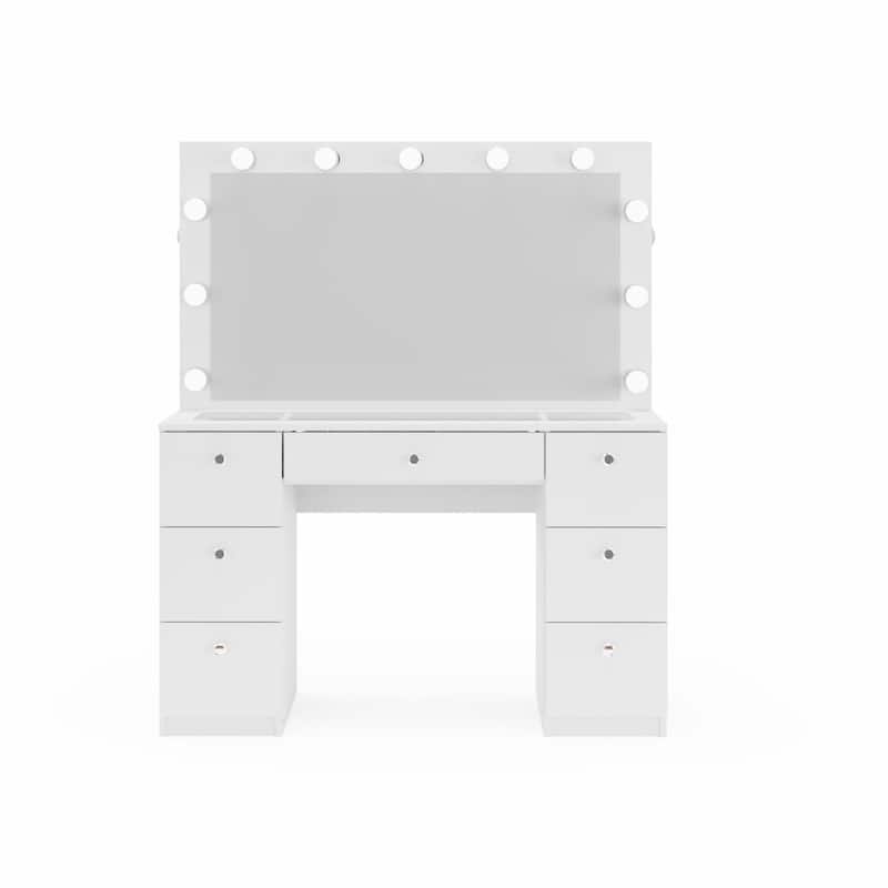 Boahaus Wren Makeup Vanity with Bluetooth Speaker, Glass Top, 7 Drawers