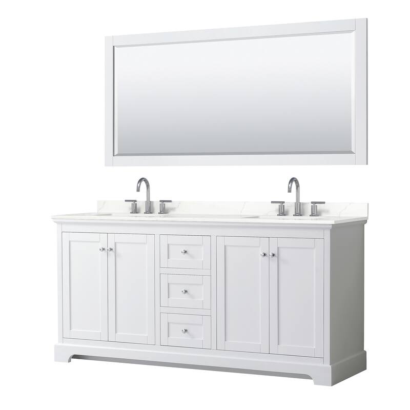 Avery 72-inch Double Vanity, Quartz Top, 70-inch Mirror - White, Chrome Trim, Giotto Quartz Top