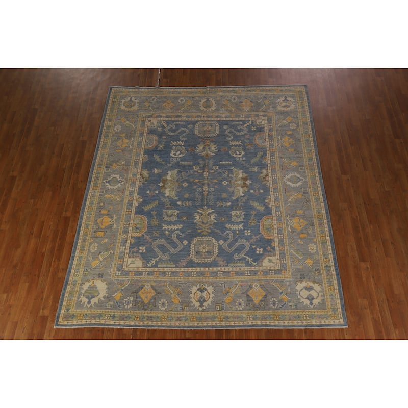 Hand Knotted Oriental 100% Wool Carpet Transitional All-Over Navy Blue & Blues Oushak Area Rug - 9' 9'' X 8' 2''