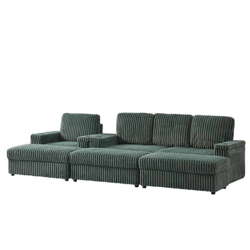 3-seater Modern Sofa with Corduroy Single Sofa, Cup-holding Grooves and 3 Ottomans