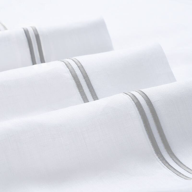 Belgian Flax Linen Collection 2 Stripe Embroidery Bed Sheet Set