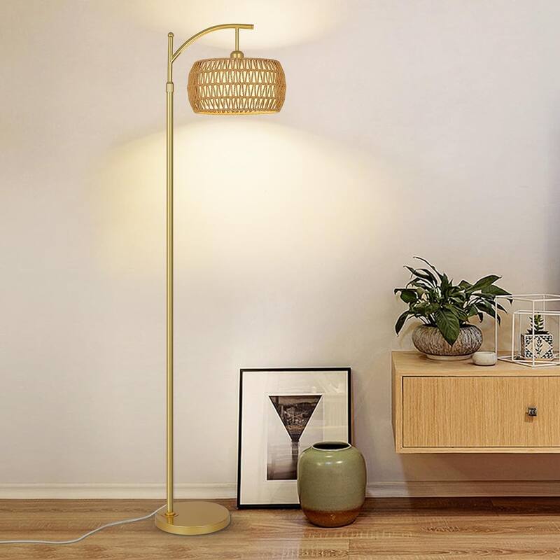Arc Floor Lamp with 3 Color Temperatures,LED Lamp with Remote & Stepless Dimmable Bulb,Standing Lamp with Rattan & Fabric Shades