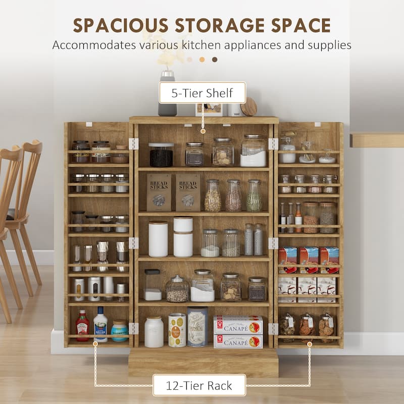 Natural 5-Tier Kitchen Pantry Cabinet with Adjustable Shelves Spice Racks and Magnetic Doors - 23.6" W x 11.8" D x 40.9" H