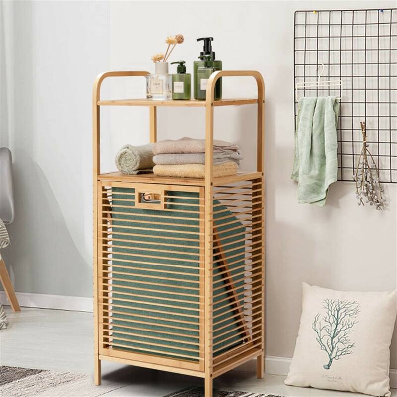 Wicker Bathroom Shelf with Removable Laundry Basket 2-Tier Storage Organizer - 16" × 12" × 38" (L × W × H)
