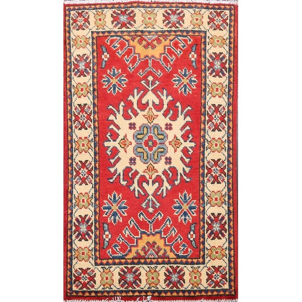 slide 2 of 12, Stunning Geometric Red Super Kazak Oriental Area Rug Wool Hand-Knotted - 1'11" x 3'3"