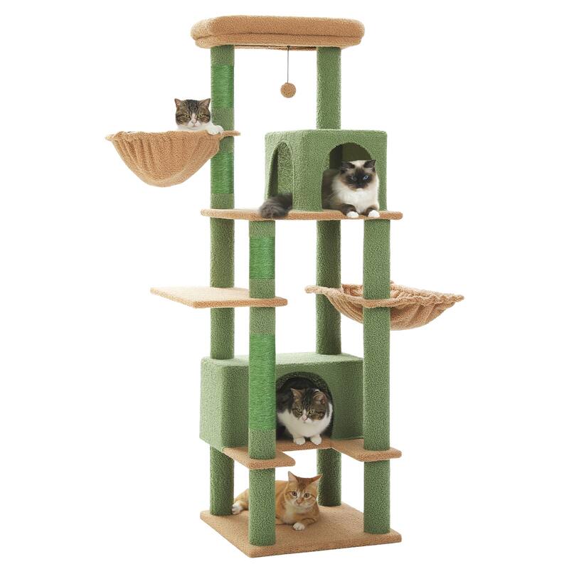 66" Cat Tree, Cat Tower with Sisal-Covered Scratching Post, Super Large Metal Hammock and 2 Big Condos
