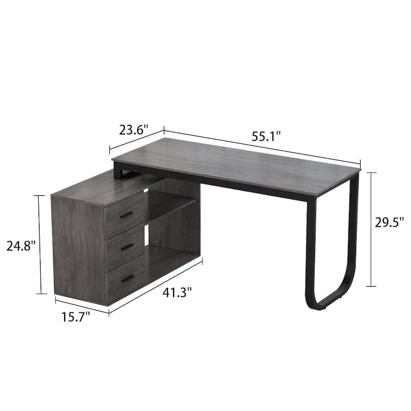 Timechee 55-inch L Shaped Office Computer Desk w/ Drawers, Grey Bron