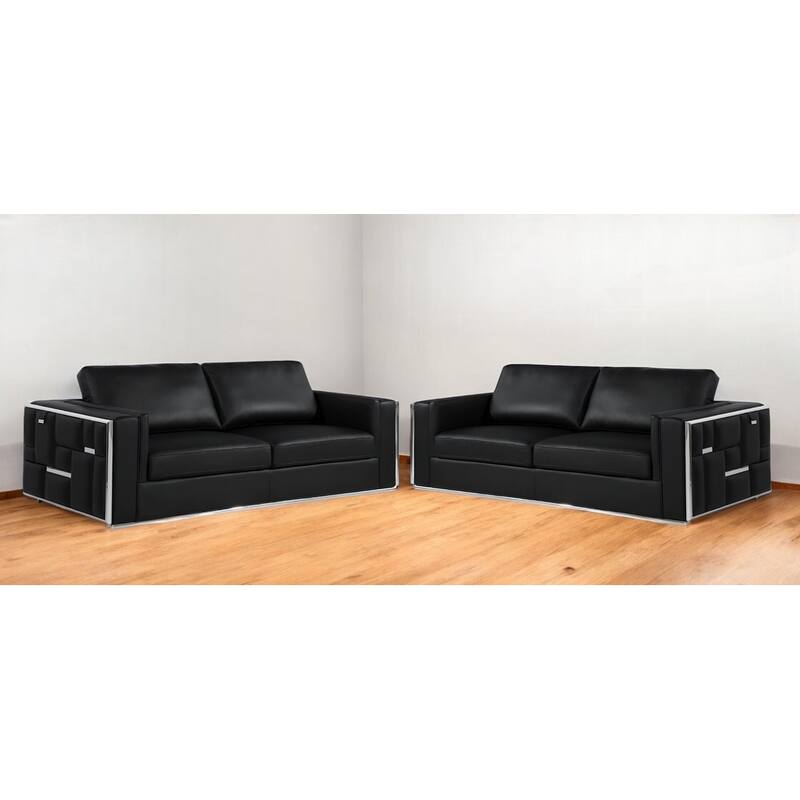 HomeRoots Two Piece Indoor Black Italian Leather Four Person Seating Set