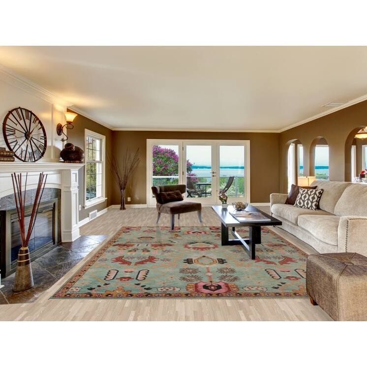 Light Green Heriz-Serapi Oriental Area Rug Handmade Wool Carpet - 8'11"x 11'9"
