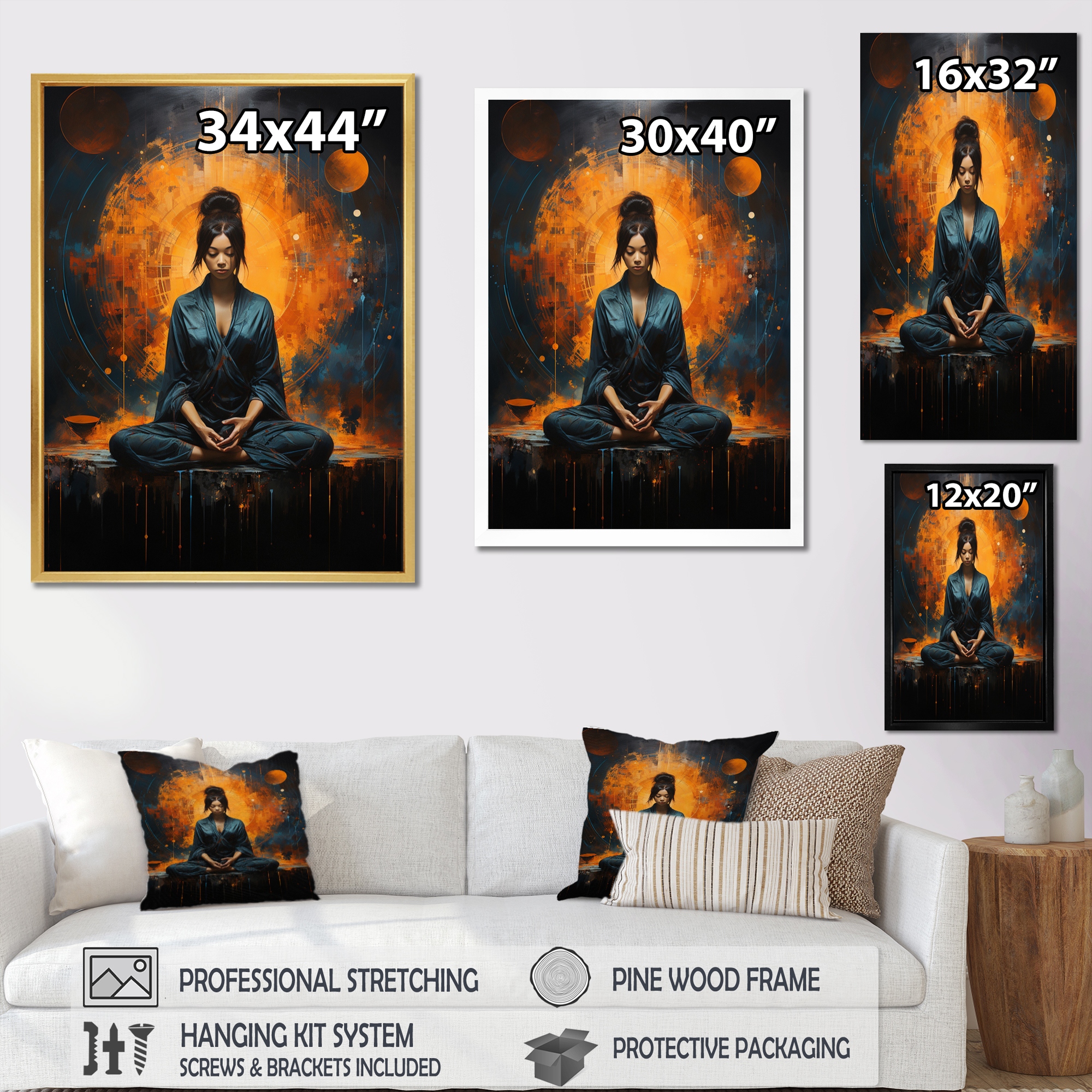 Designart Orange Black Meditation Mindful Reflections Meditation Wall Decor 24 in. wide x 32 in. high