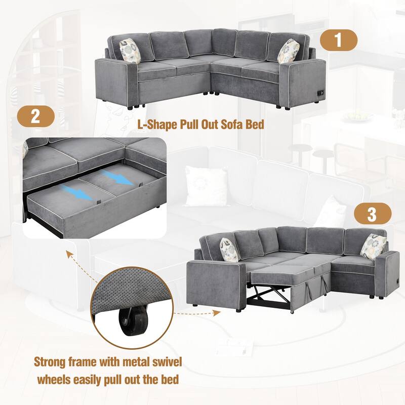 L-Shaped Pull Out Sofa Bed Modern Convertible Sleeper Sofa with 2 USB ports, 2 Power Sockets and 3 Pillows