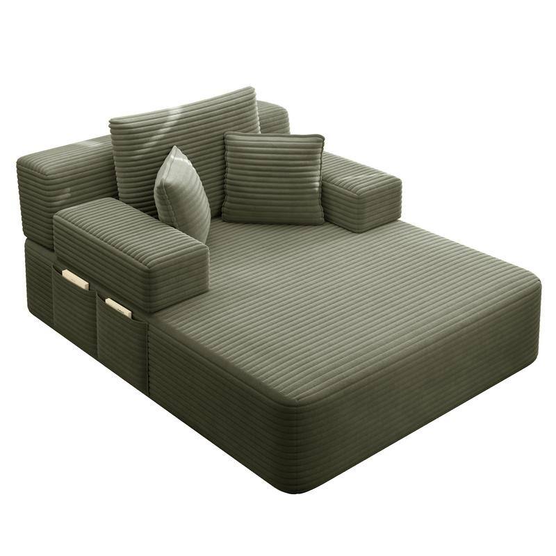 Luxurious Plush Corduroy Chaise Lounge Convertible Sofa Bed with Storage Pocket and Wide Armrests
