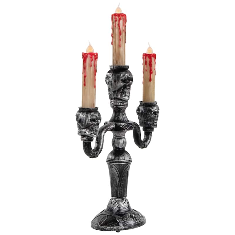 13.75" Antique Silver Skull Trio Halloween Candelabra