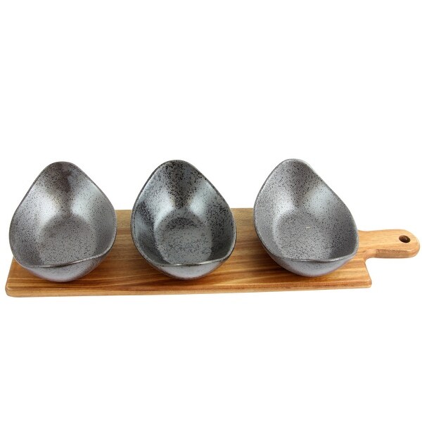 Gibson Elite Gracious Dining 3 Peice Reactive Fine Ceramic Bowl Set With Acacia Wood Tray in Matte Black