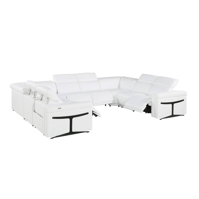 HomeRoots White Italian Leather Power Reclining U Shaped Eight Piece Corner Sectional With Console