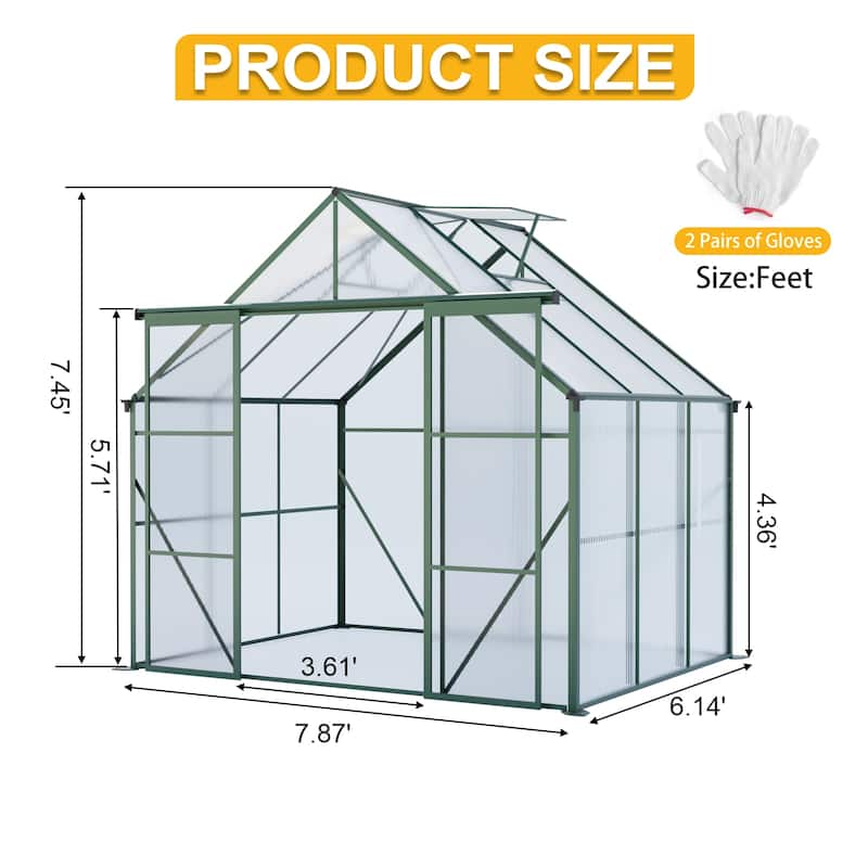 GDF Studio - Arendon Outdoor Aluminum Polycarbonate Greenhouse with Double Sliding Doors and Raised Base