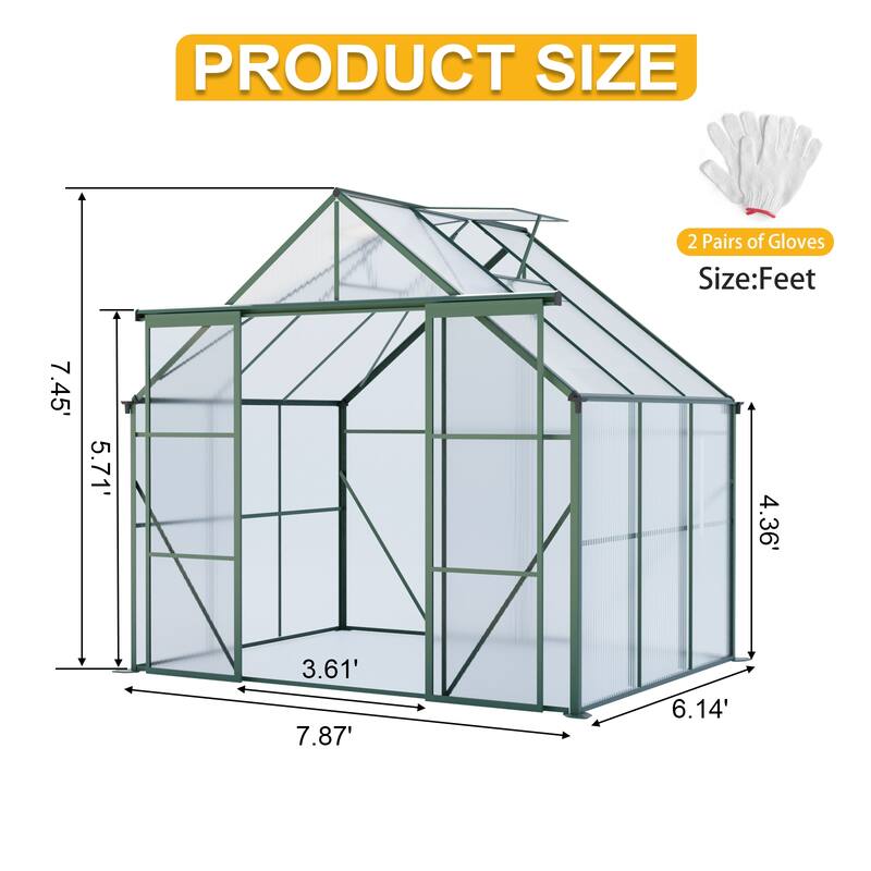 Walk-In Outdoor Greenhouse for Plants Vegetables Flowers with Adjustable Roof Two Sliding Doors - 7.87' x 6.14' x 7.45'