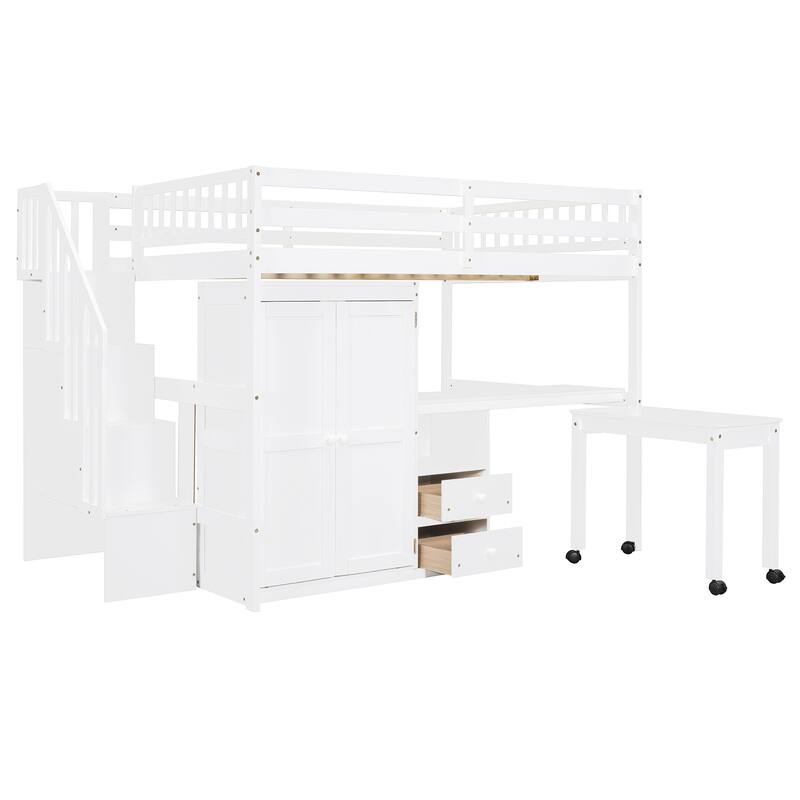 Multifunctional Full Size Loft Bed with Stairs, Bookshelf, Drawers, Desk & Wardrobe - White