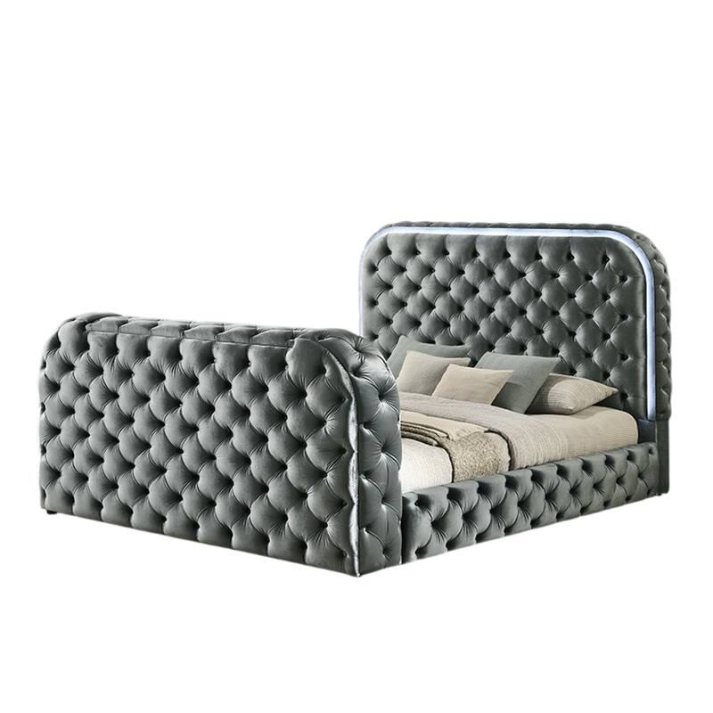 Kerie Queen Bed with LED Fireplace, Hidden Lift TV Stand, Gray Velvet