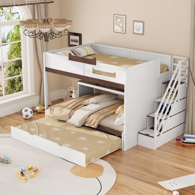 Roomfitters Full Over Full Bunk Bed with Twin Trundle, Storage Staircase & LED Lighting, Functional Space Saving Sleeper