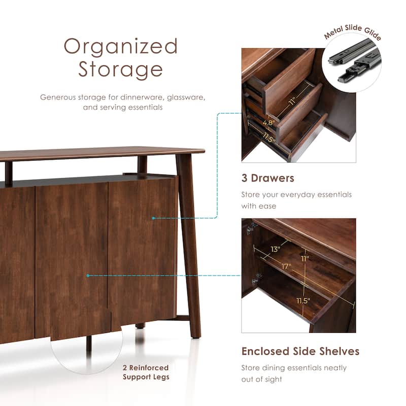 Furniture of America Abigail IV Mid-Century Modern Walnut Solid Wood Dining Sideboard with Hidden Drawers