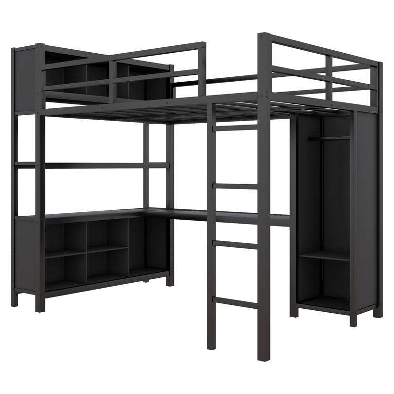 Full Size Metal Loft Bed with L-Shaped Desk, Built-in Wardrobe, Storage Shelves & Cubes