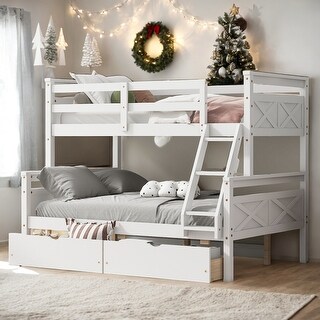 Twin Over Full Bunk Bed with Ladder, Two Storage Drawers, Safety Guardrail