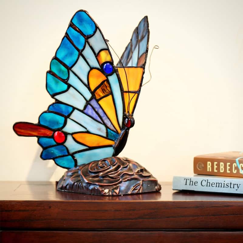 River of Goods Stained Glass 9.5-inch Tiffany Style Flying Butterfly Accent Lamp - Multi-color