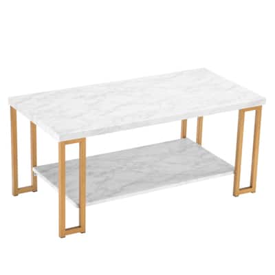 White and Gold Rounded Coffee Table with Faux Marble Top and Metal Legs Perfect for Living Room - 39.73 x 20.08 x 18.11