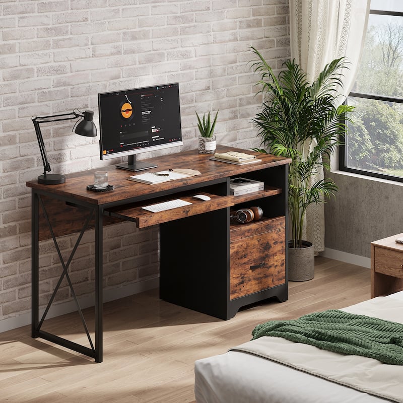Bestier 47" Office Desk with Drawers,Computer Desk with Drawer,Teacher Desk with Keyboard Tray for Small Space Home Office - Brown