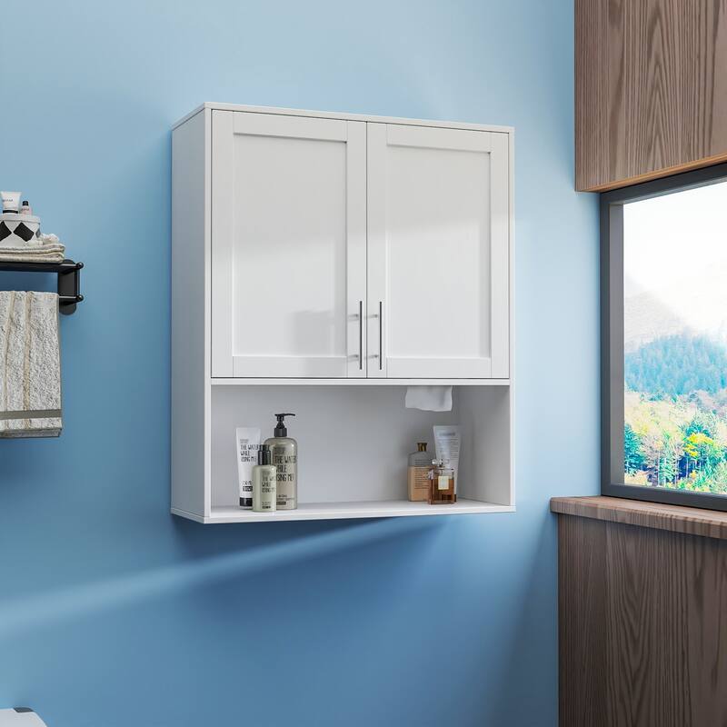 Roomfitters Bathroom Mirror Cabinet with Dual Facial Tissue Slots, Two-Door Wall Vanity Cabinet with Adjustable Shelves, White