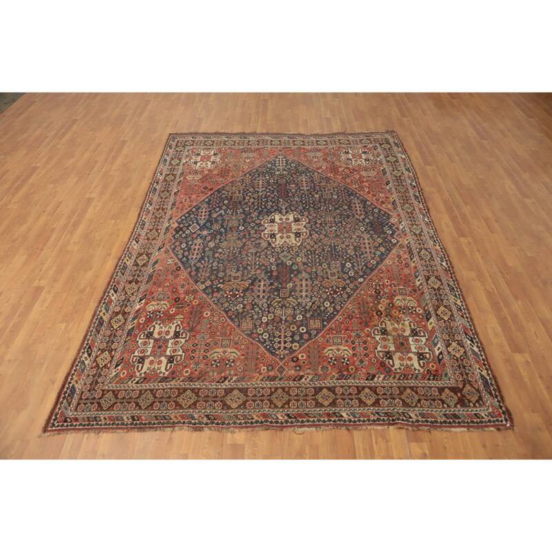 Hand Knotted Oriental 100% Wool Carpet Traditional Tribal Navy Blue & Blues Qashqai Area Rug - 9' 11'' X 7' 3''