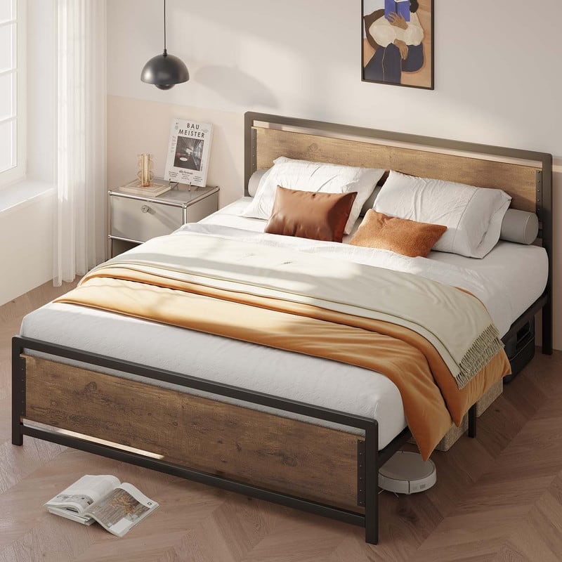 Full Queen Bed Frame with Headboard Sturdy Metal Platform Bed - Retro - Queen