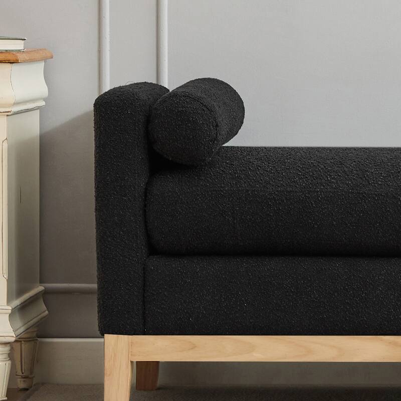 66.34"W Elegant Upholstered Bench,Ottoman with Nature Wood Legs & 2 Bolster Pillows for End of Bed, Bedroom, Living Room