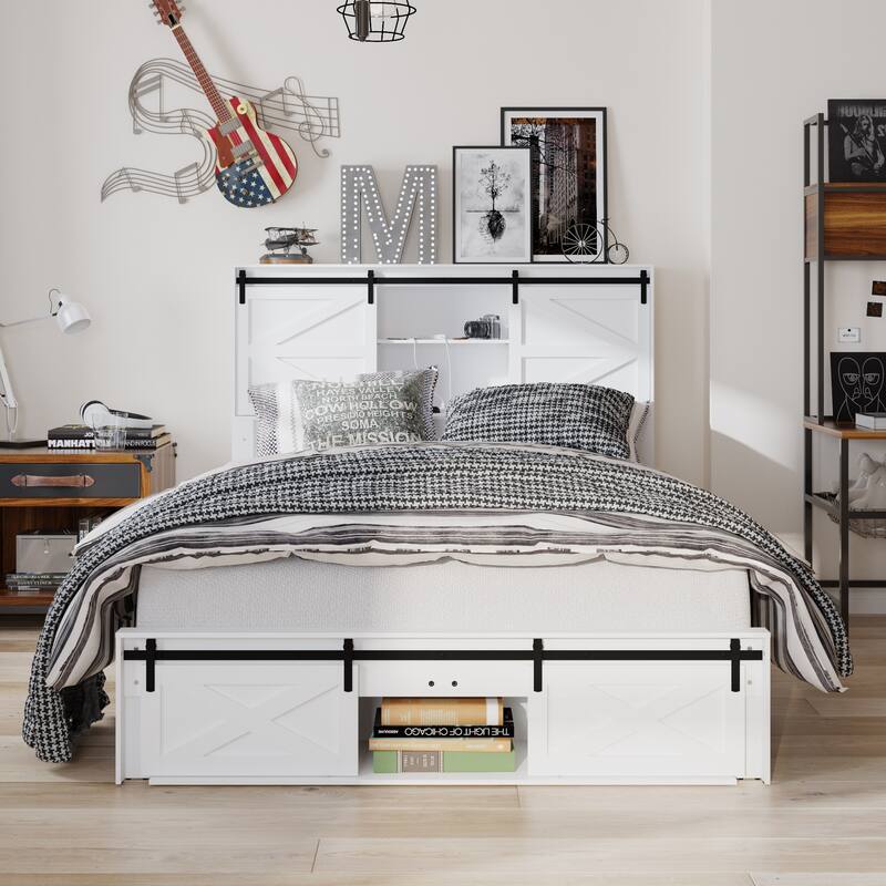 Storage Bed Queen Size Bed Frame w/Charging Station Light Drawers