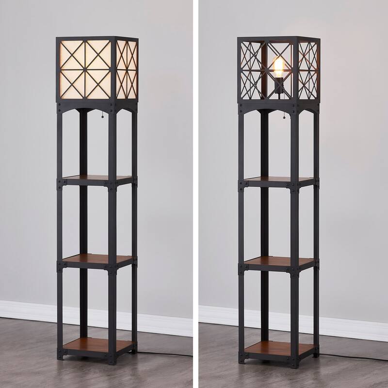 64"H Vintage Iron with Wood Shelves Floor Lamp