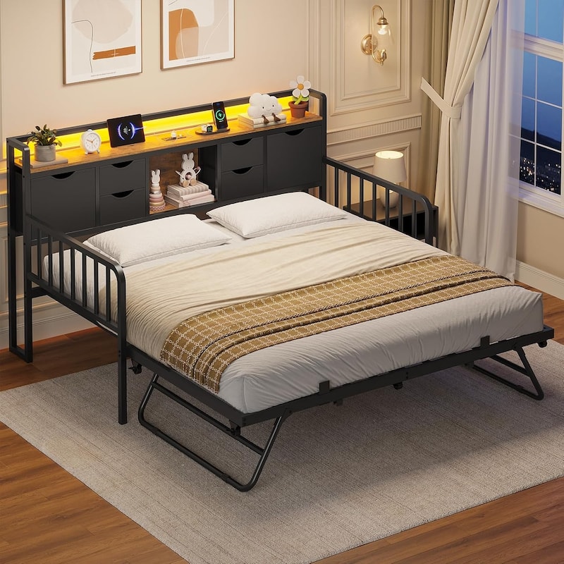 Daybed with Trundle Charging Station LED Lights Storage Headboard